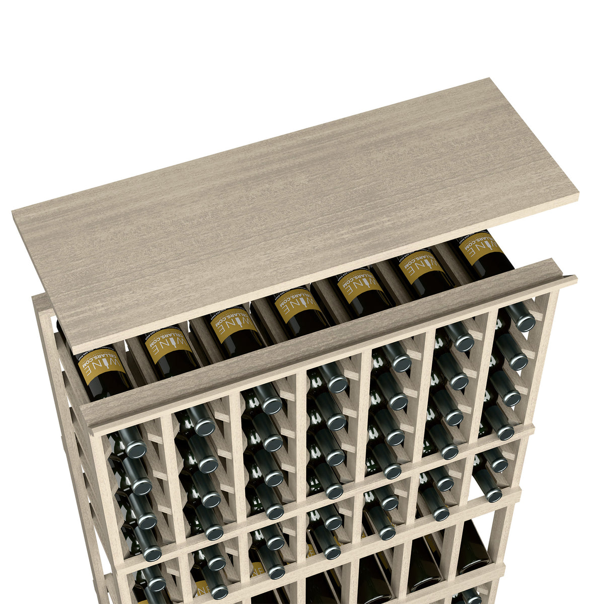 Light gray wood wine rack top shelf with wine bottles showing in the bottle grid