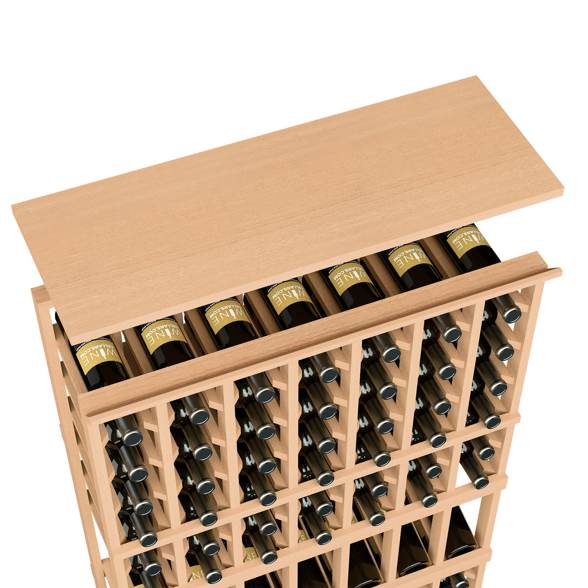 Light wood-colored top shelf for wine rack, with bottles lined up in cubby rows