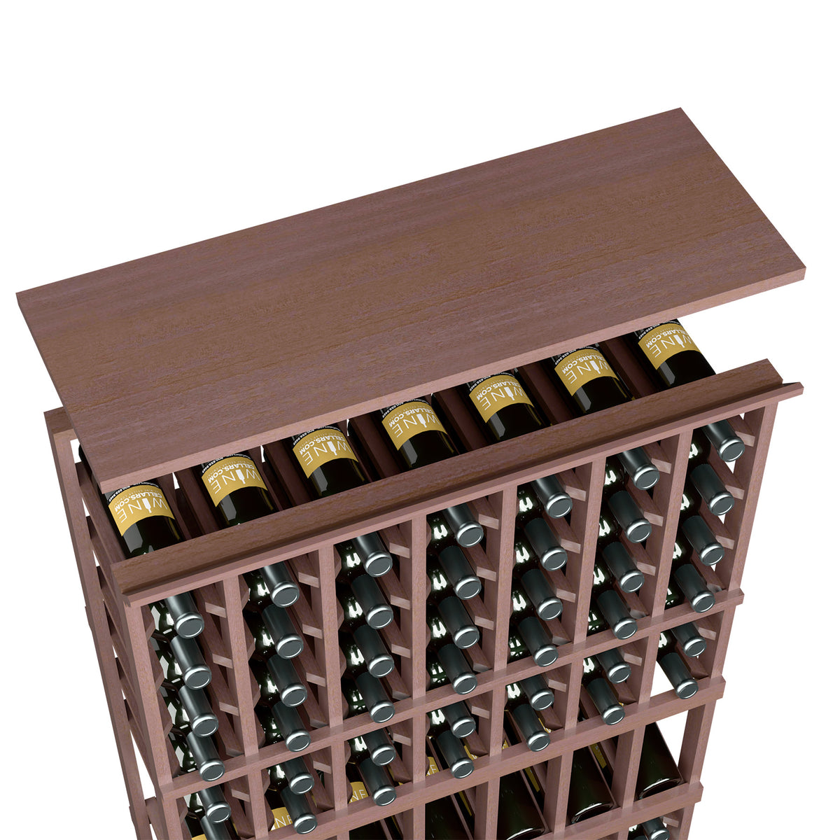 Medium brown wood wine rack top shelf, showing multiple bottles in the grid