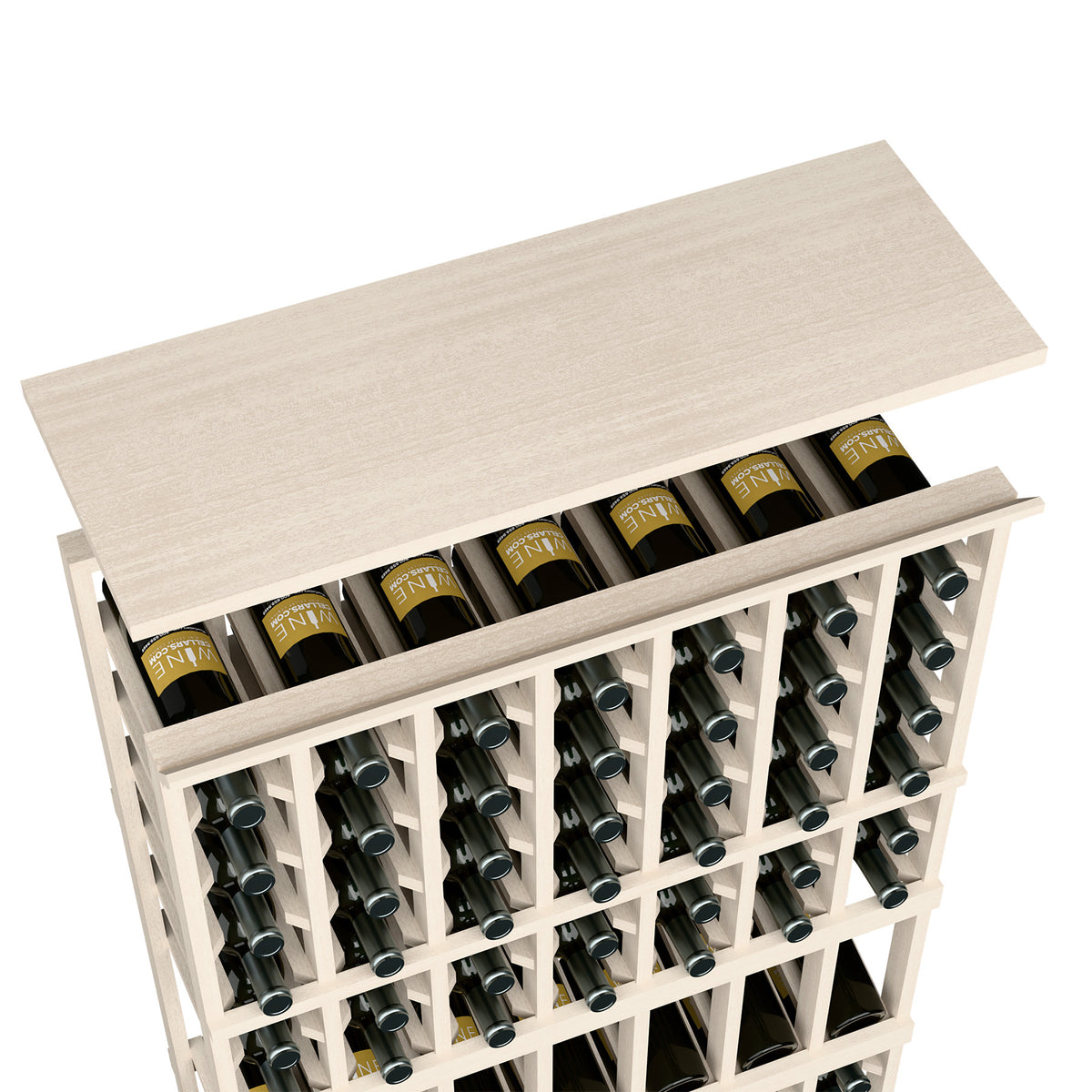Light gray top shelf for wine rack with wine bottles displayed in the front bottle slots