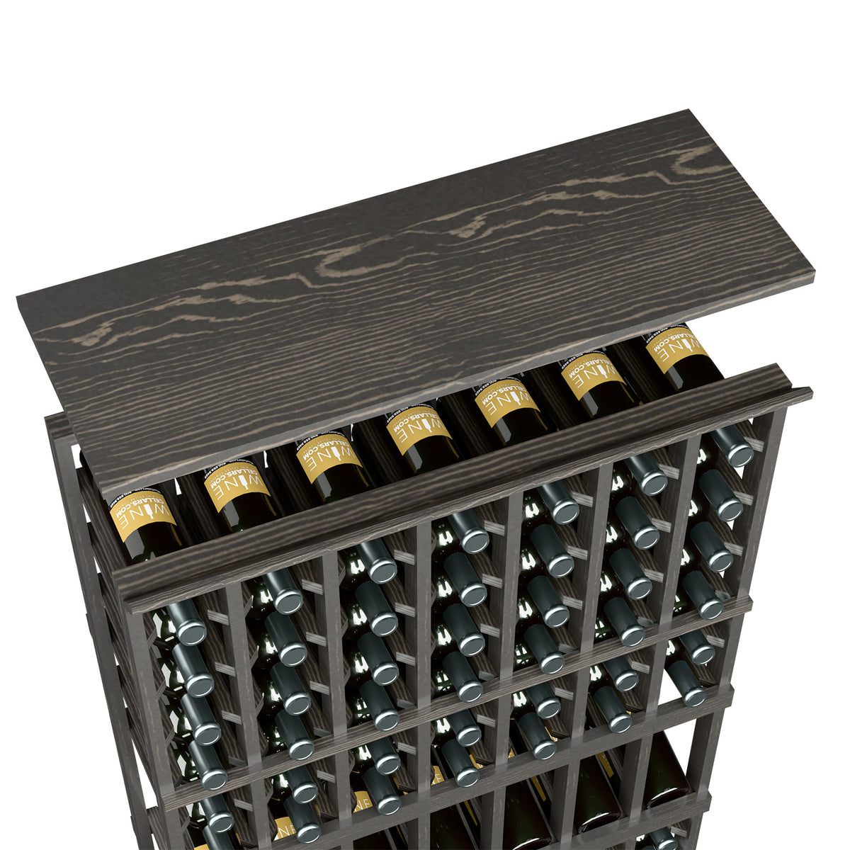 Dark gray wood top shelf for 7-column wine rack, front view with bottle rows
