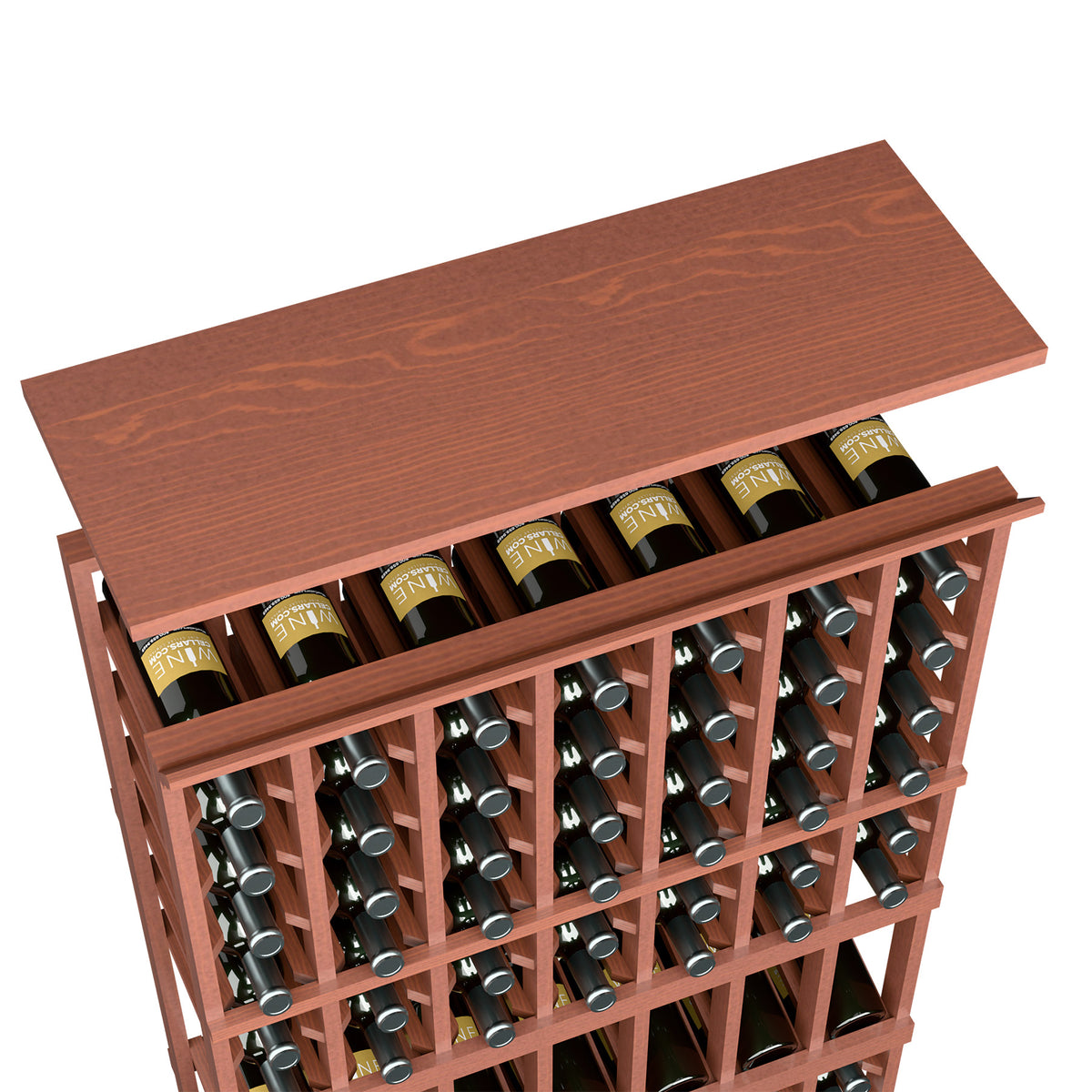 Warm reddish wood top shelf for 7-column wine rack with bottle compartments
