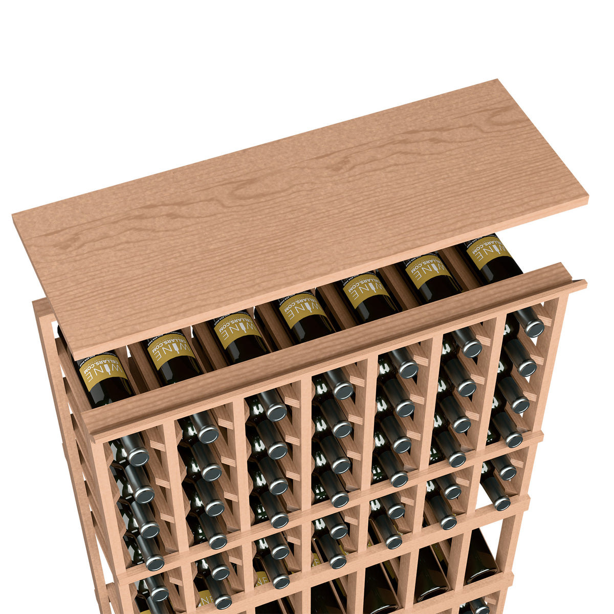 Light tan wood top shelf for 7-column wine rack with bottle slots and rows