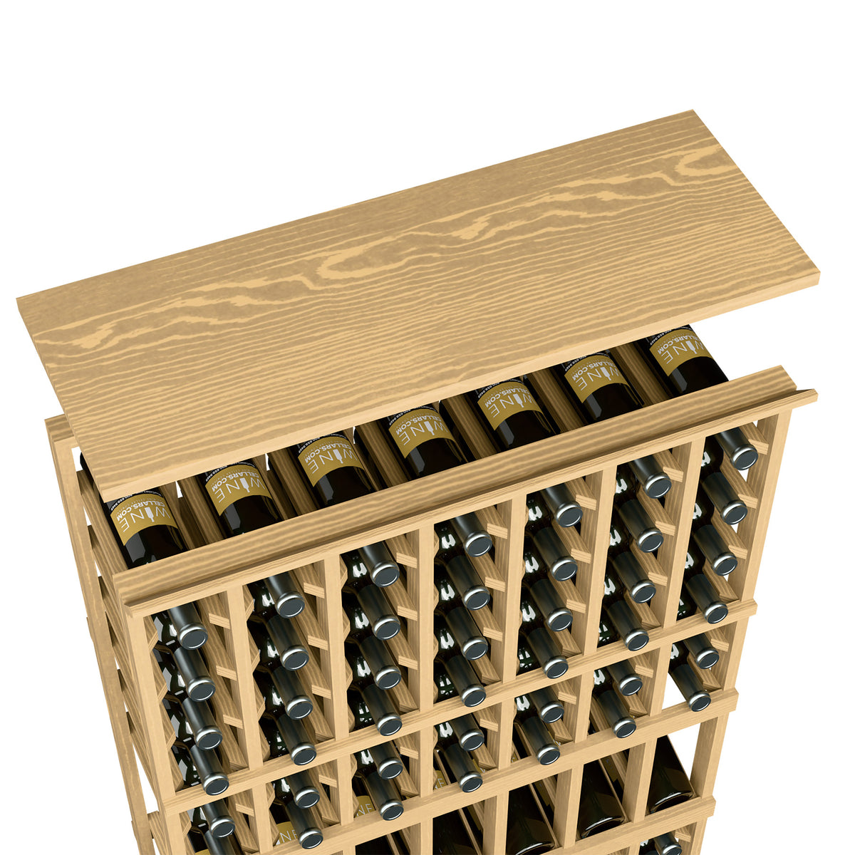 Light golden wood top shelf for 7-column wine rack with bottle rows