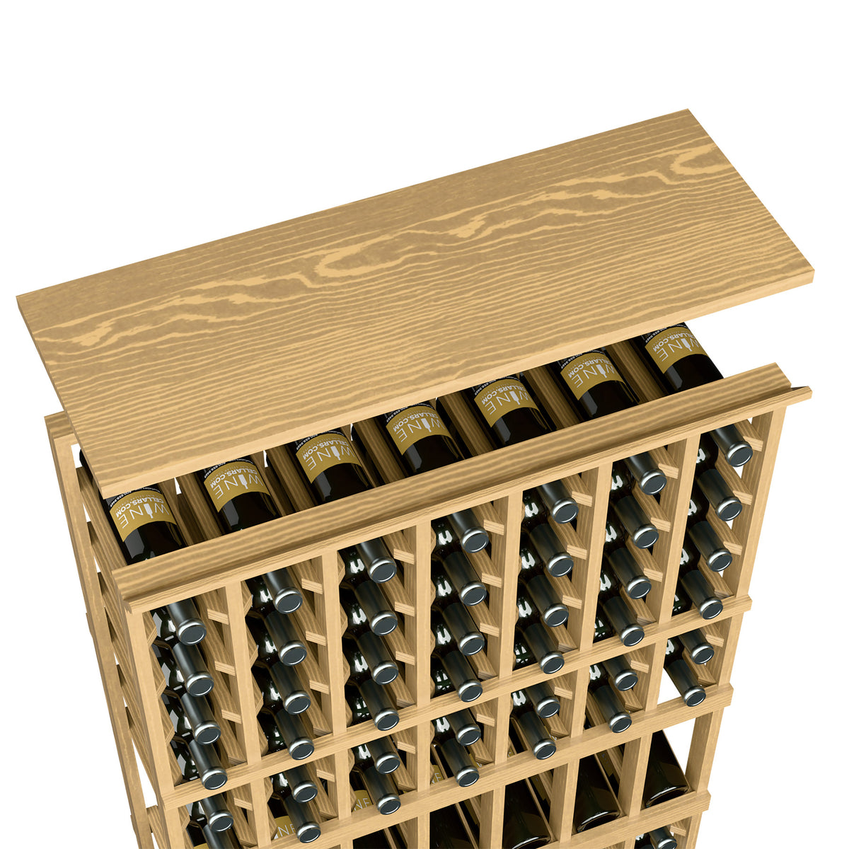 Honey-colored wood top shelf for 7-column wine rack with bottle slots