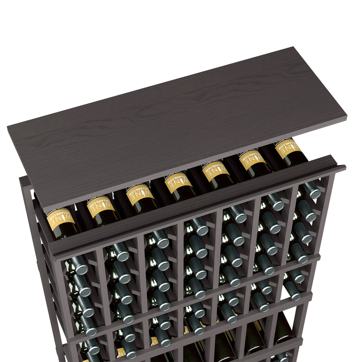 Espresso dark brown wood top shelf for 7-column wine rack with bottle compartments