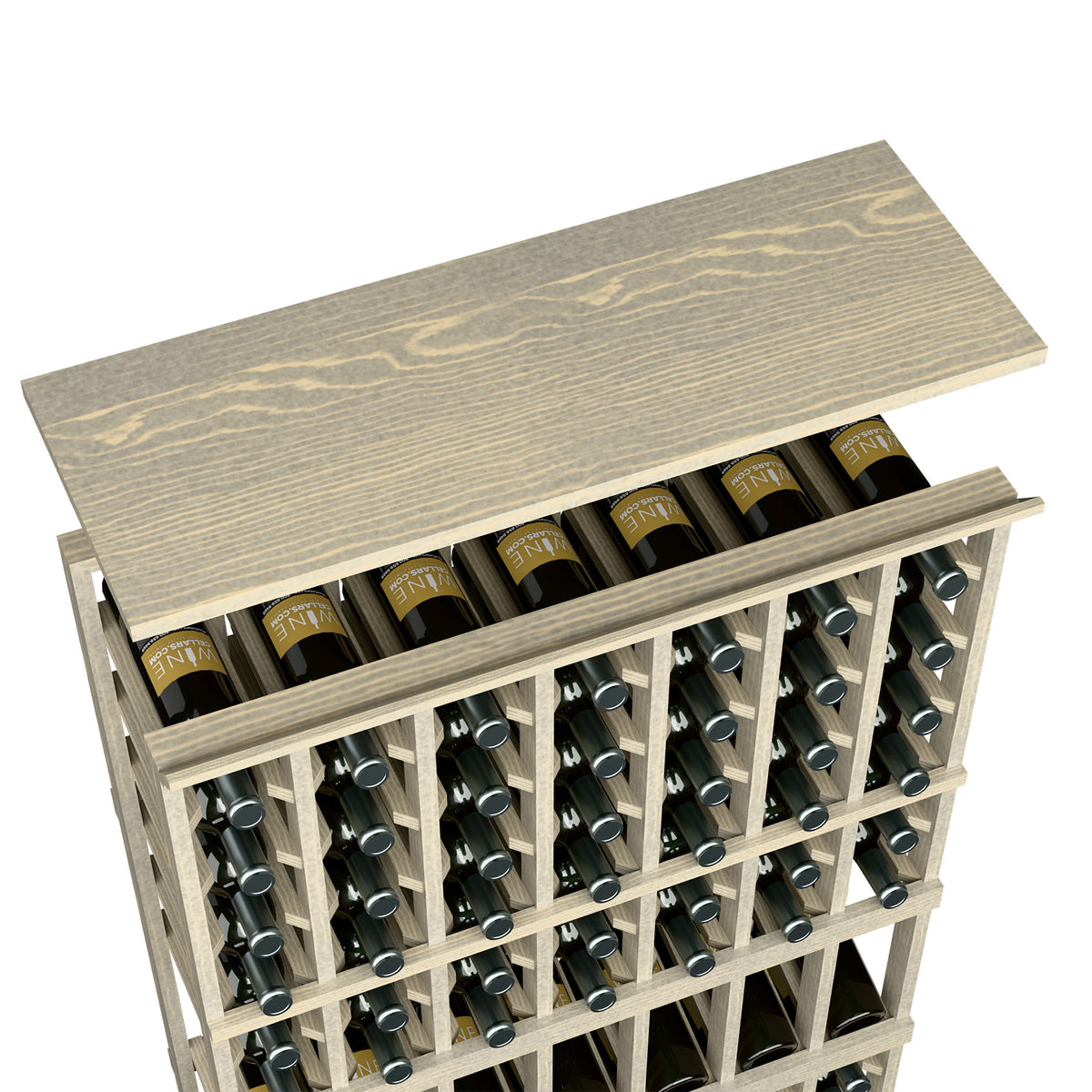 Light wood wine rack top shelf with bottle slots and metal bottle holders, front view