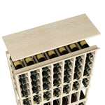 Natural wood wine rack top shelf with bottle slots and metal bottle holders