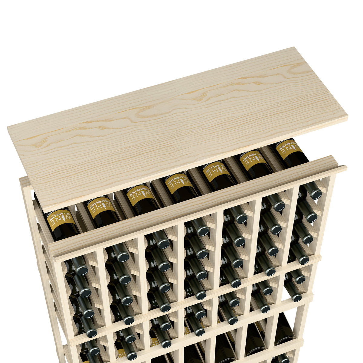 Natural wood wine rack top shelf with bottle slots and metal bottle holders