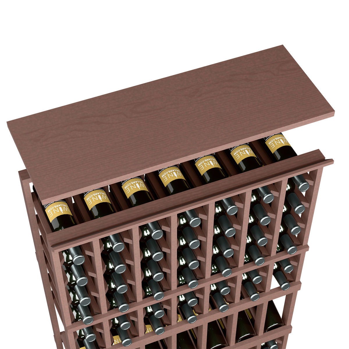 Dark brown wine rack top shelf with bottle slots and metal bottle holders