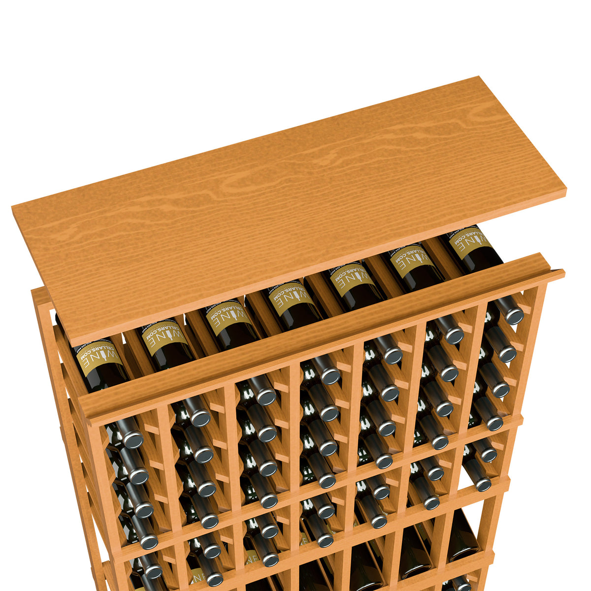 Medium orange wood wine rack top shelf with bottle slots and metal bottle holders, angled