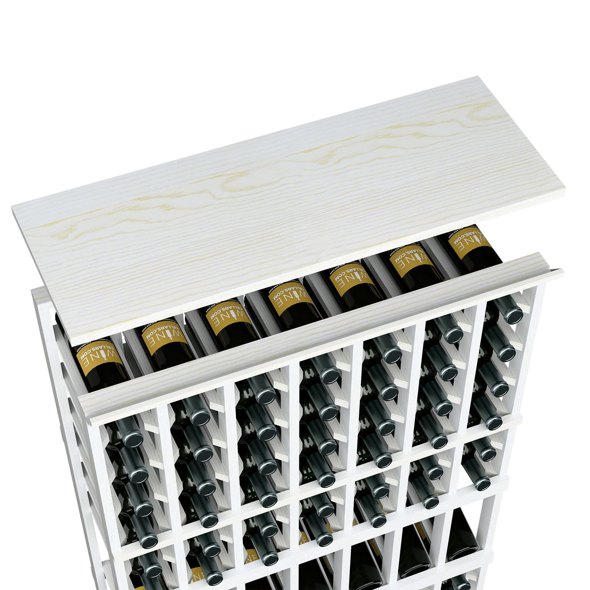 Whitewashed wood wine rack top shelf with bottle slots and metal bottle holders, front view