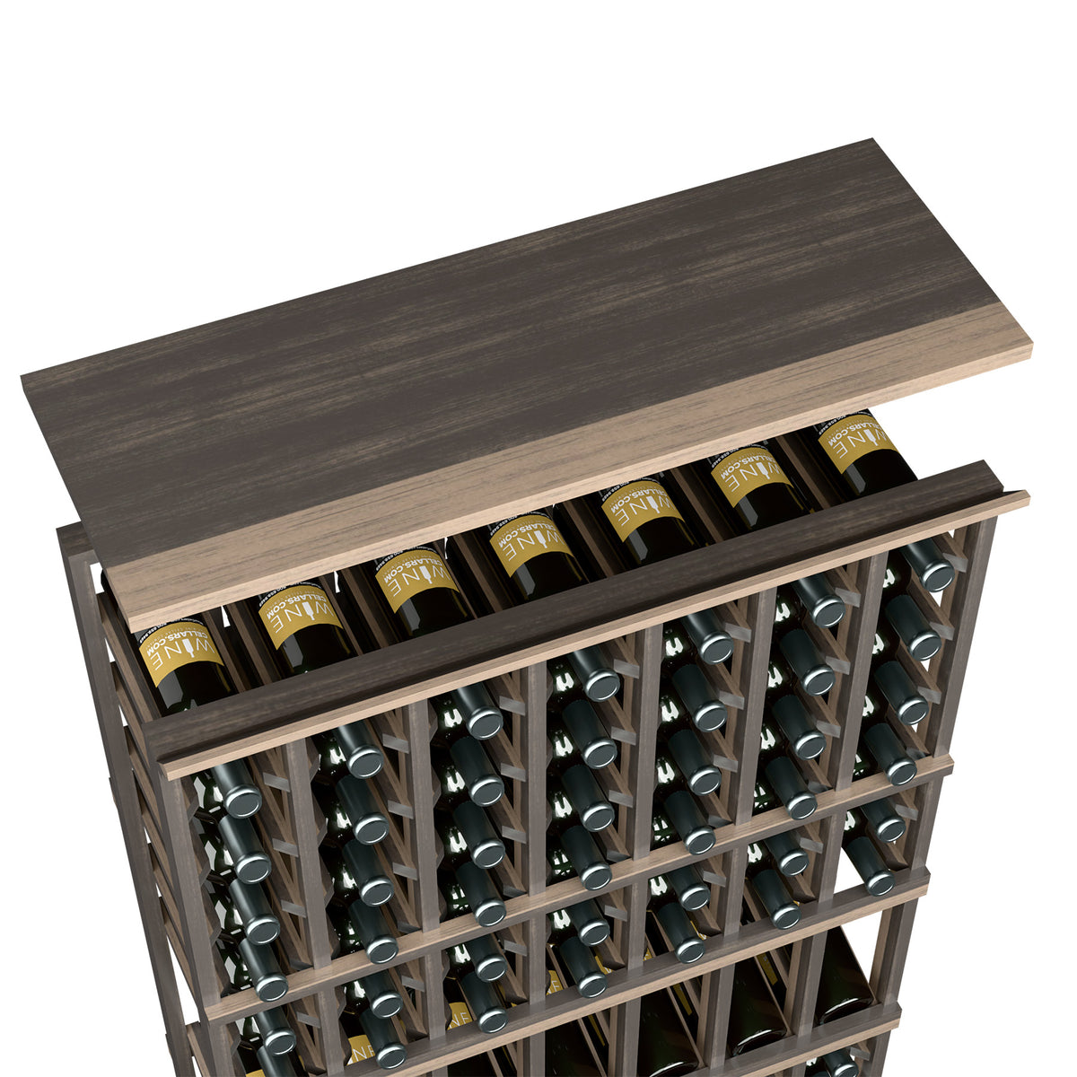 Gray-brown wood top shelf for 7-column rack with bottle slots and bottles on shelf