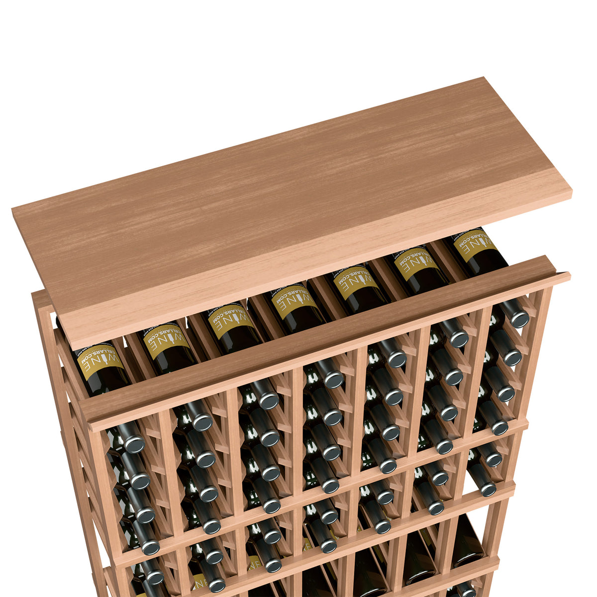 Natural tan wood top shelf for 7-column rack with bottle slots and bottles on shelf