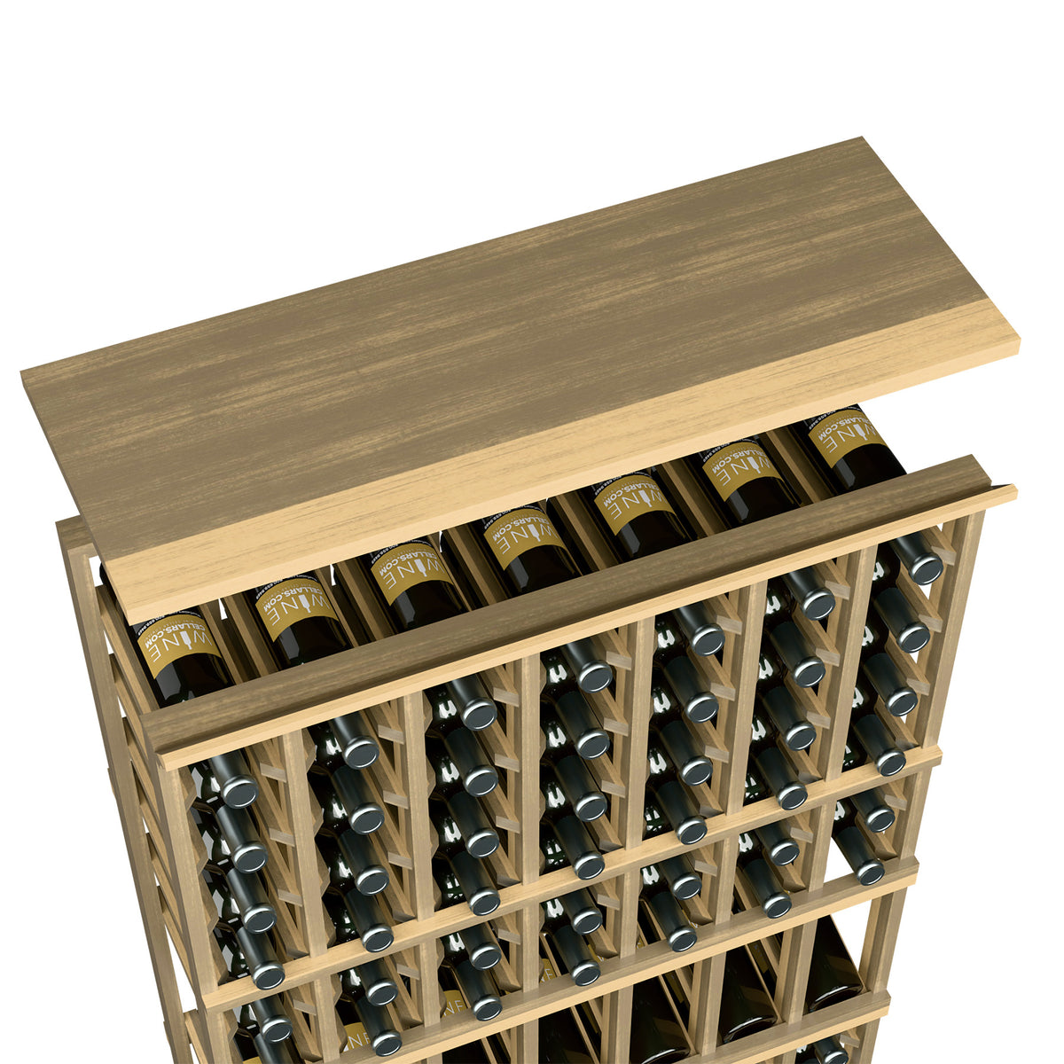 Medium gray wood top shelf for 7-column rack with bottle slots and bottles on shelf