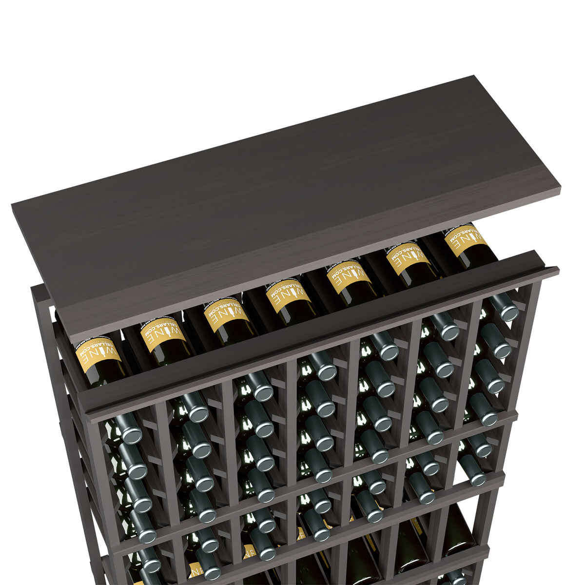 Dark espresso wood top shelf for 7-column rack with bottle slots and bottles on shelf