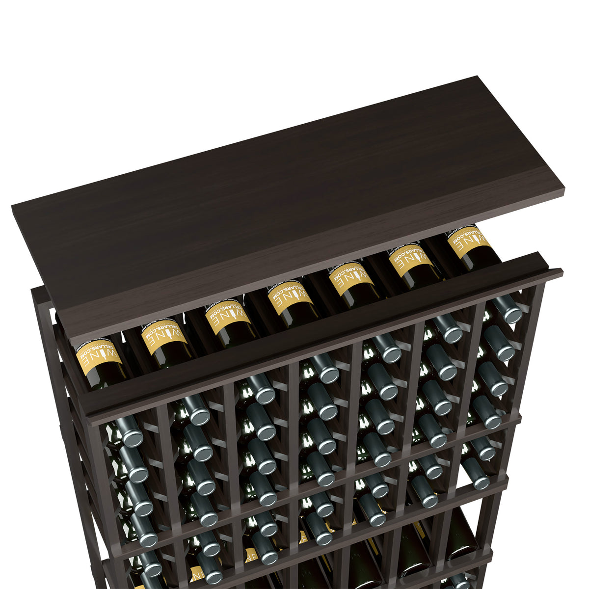Deep dark brown wood top shelf for 7-column rack with bottle slots and bottles on shelf