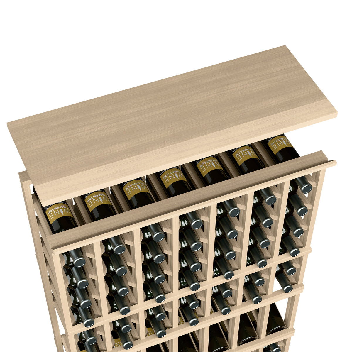 Pale wood top shelf for 7-column wine rack, with front bottle slots and dividers