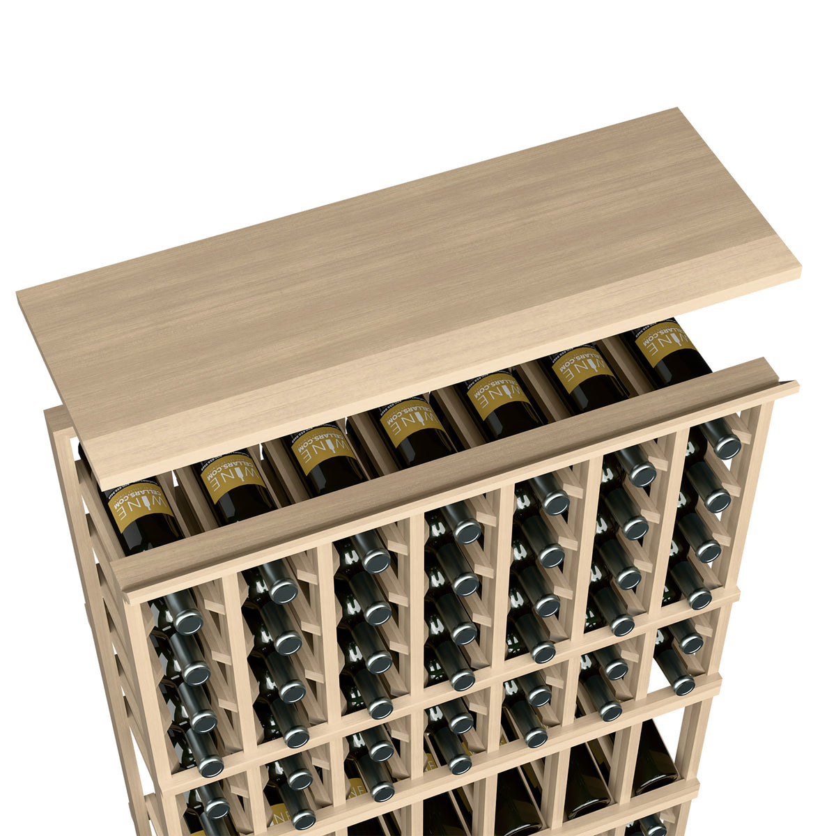 Light wood top shelf on 7-column wine rack, showing bottle rows through the openings