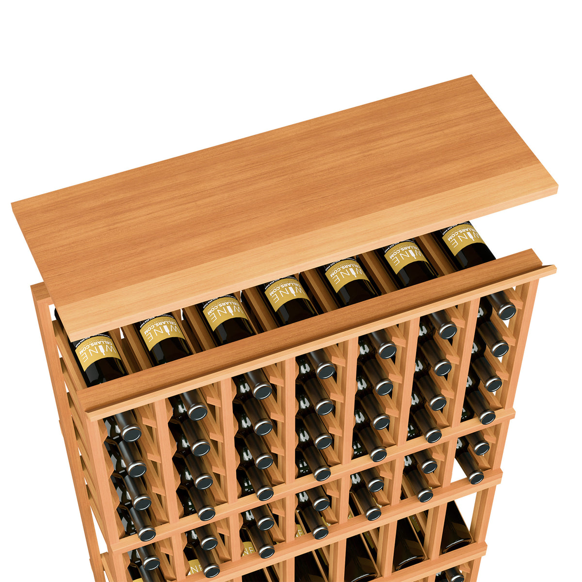 Warm wood top shelf for 7-column wine rack, with bottle slots and grid dividers