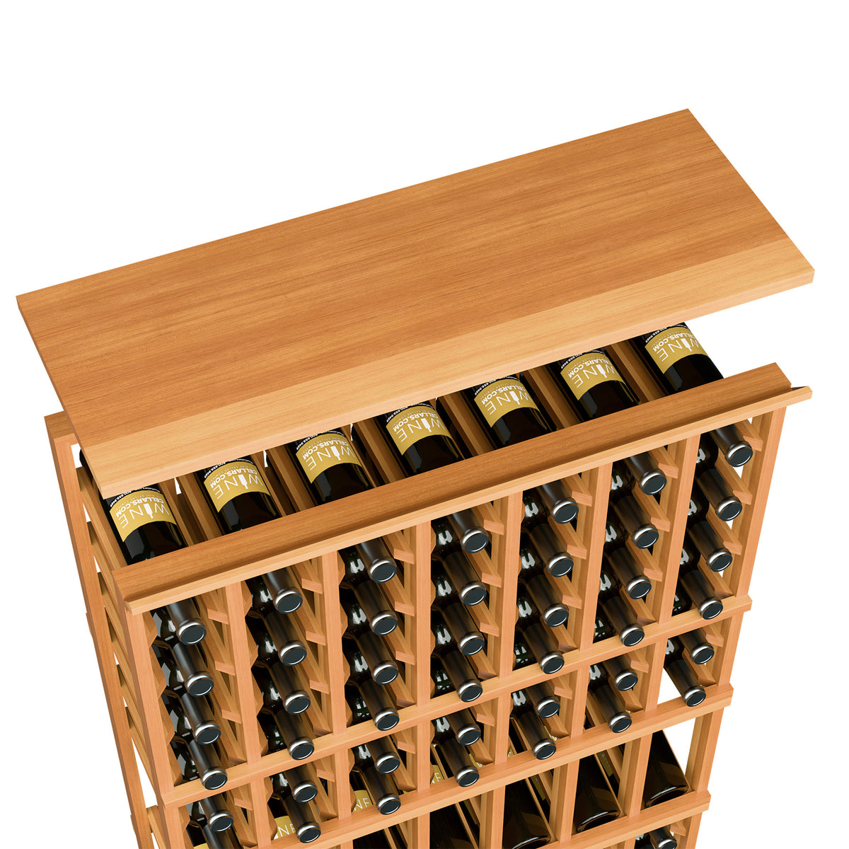 Light orange wood top shelf on 7-column wine rack, showing bottle openings in rows