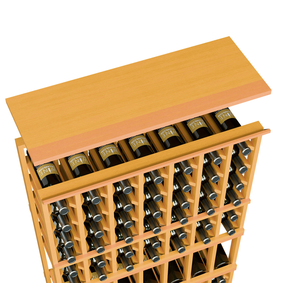 Light golden wood top shelf on 7-column wine rack, showing bottle openings across rows