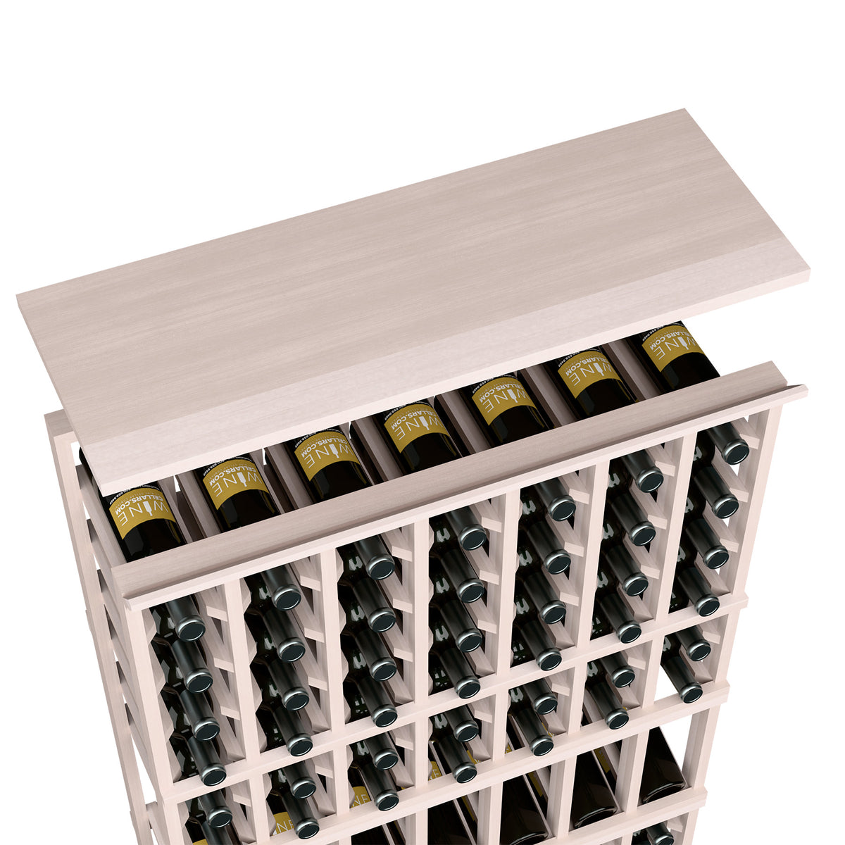 Gray wood top shelf for 7-column wine rack, with visible bottle slots and dividers