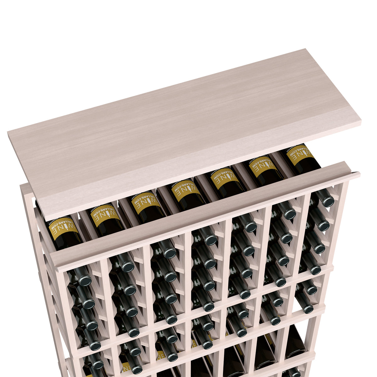 Light gray wood top shelf on 7-column wine rack, showing bottle slots through the front