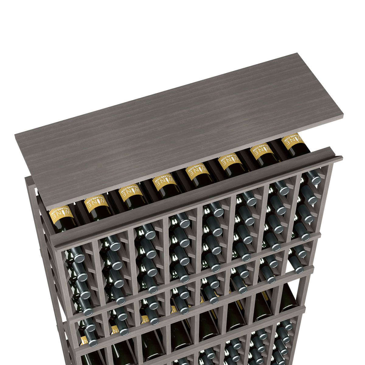 Dark grey wooden wine rack top shelf with bottle slots and corkscrew heads