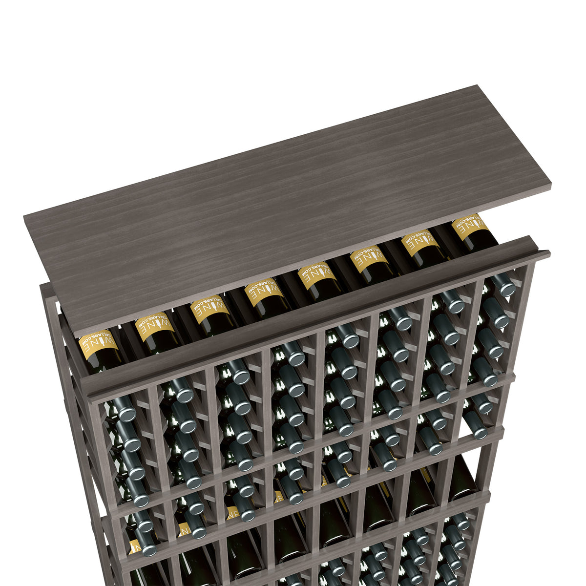 Dark grey wine rack top shelf with open bottle rows and metal bottle holders