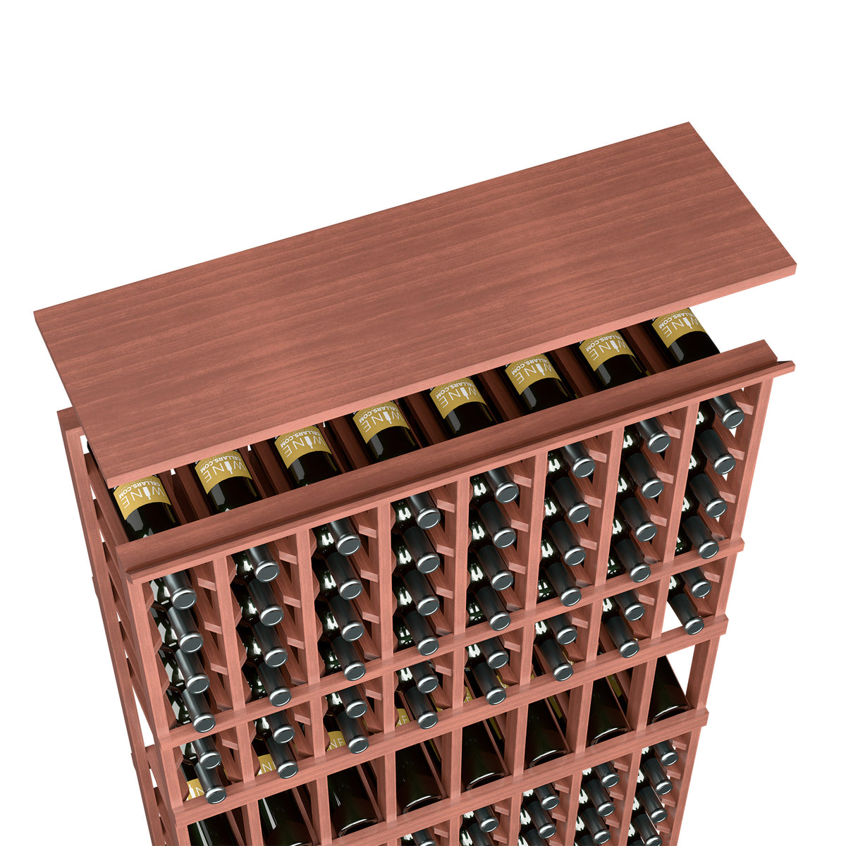 Red-brown wooden wine rack top shelf with front bottle row and metal holders