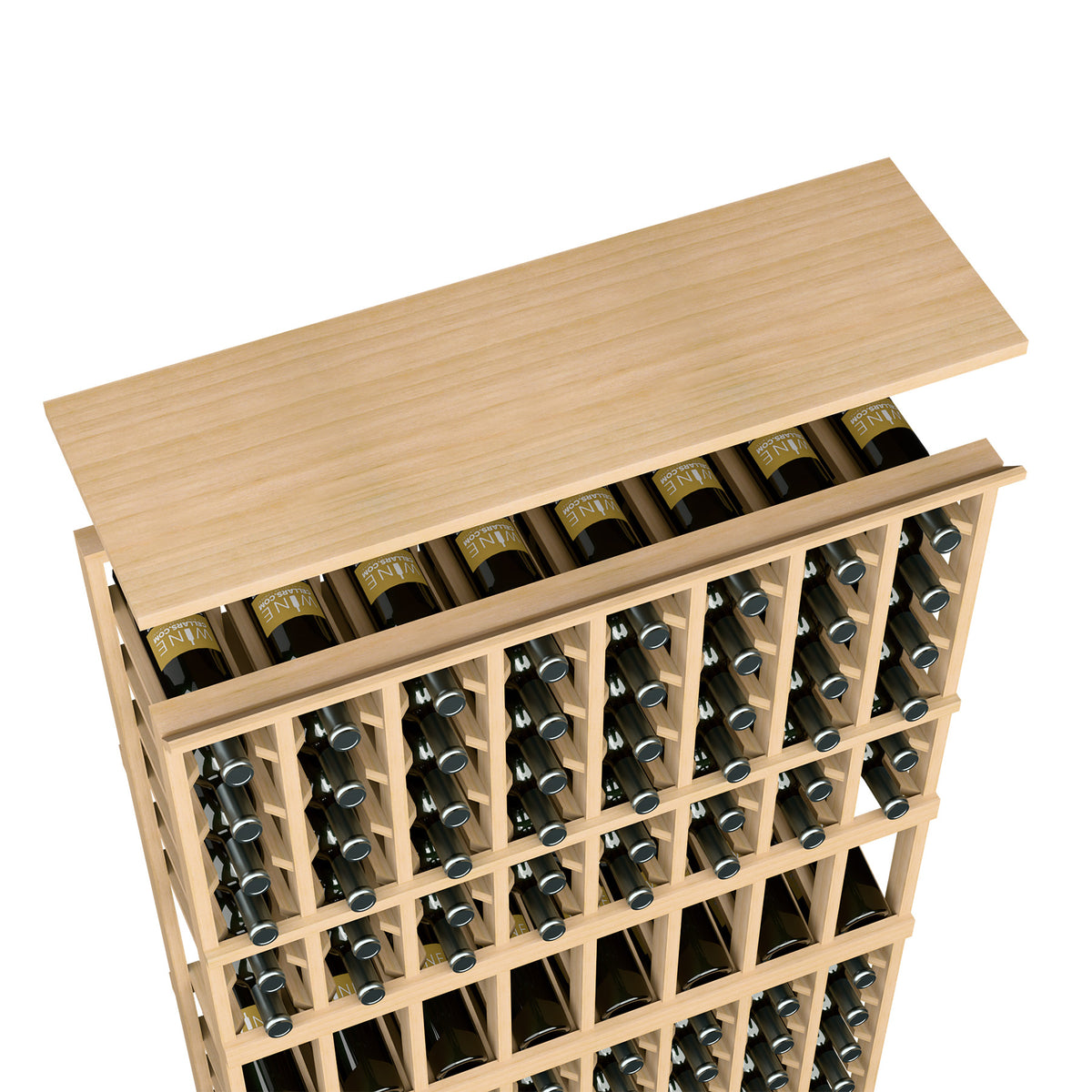 Light tan wooden wine rack top shelf with bottle slots and metal bottle holders