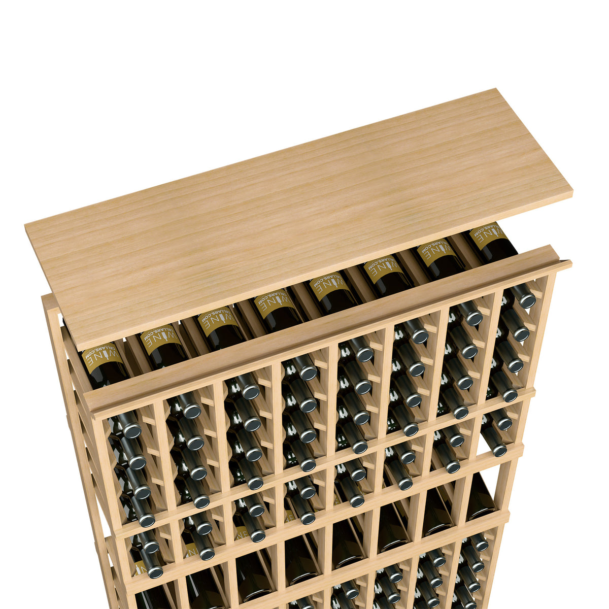 Light tan wooden wine rack top shelf with open bottle grid and metal holders
