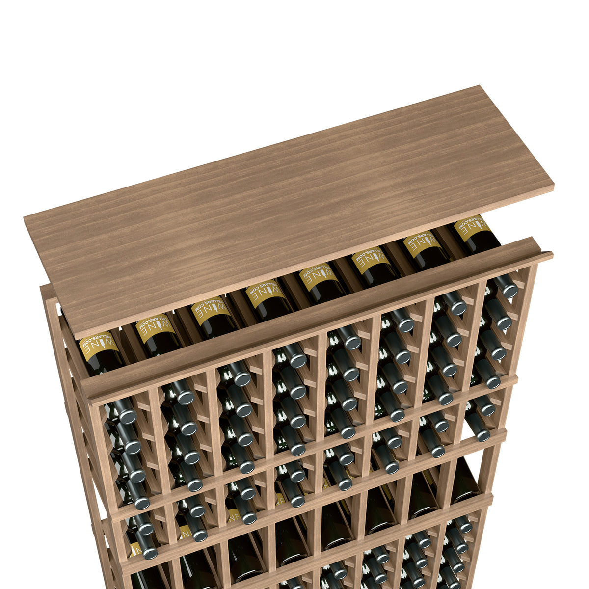 Medium brown wooden wine rack top shelf with rows of bottles in metal holders