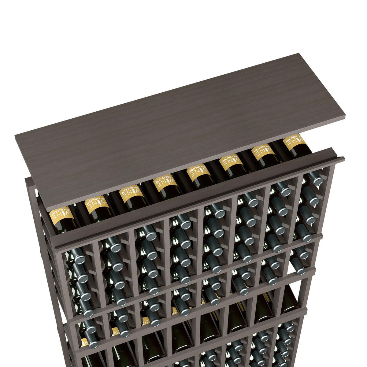 Dark grey wooden wine rack top shelf with bottle slots and metal bottle holders