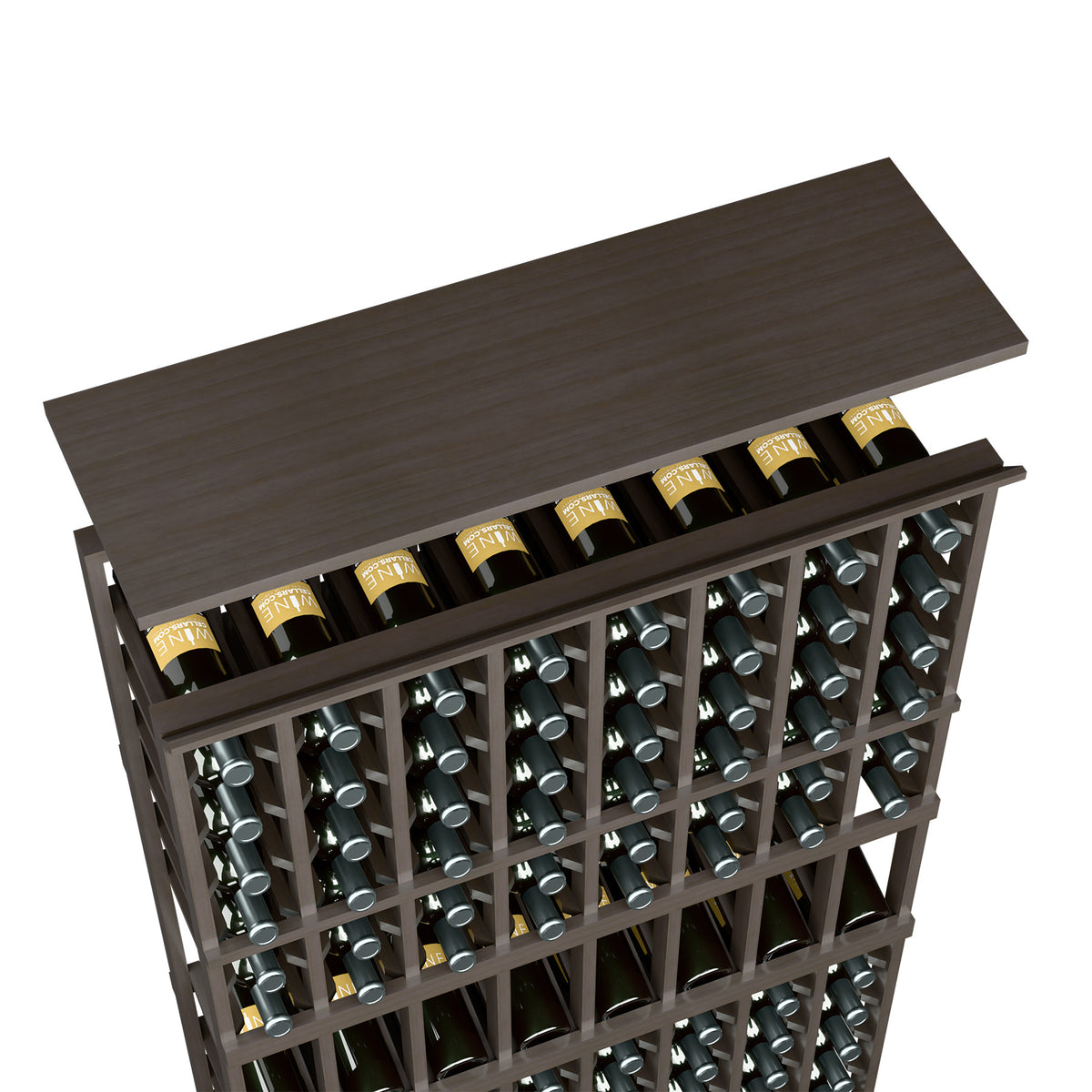 Dark grey wooden wine rack top shelf with bottle holders across the front row