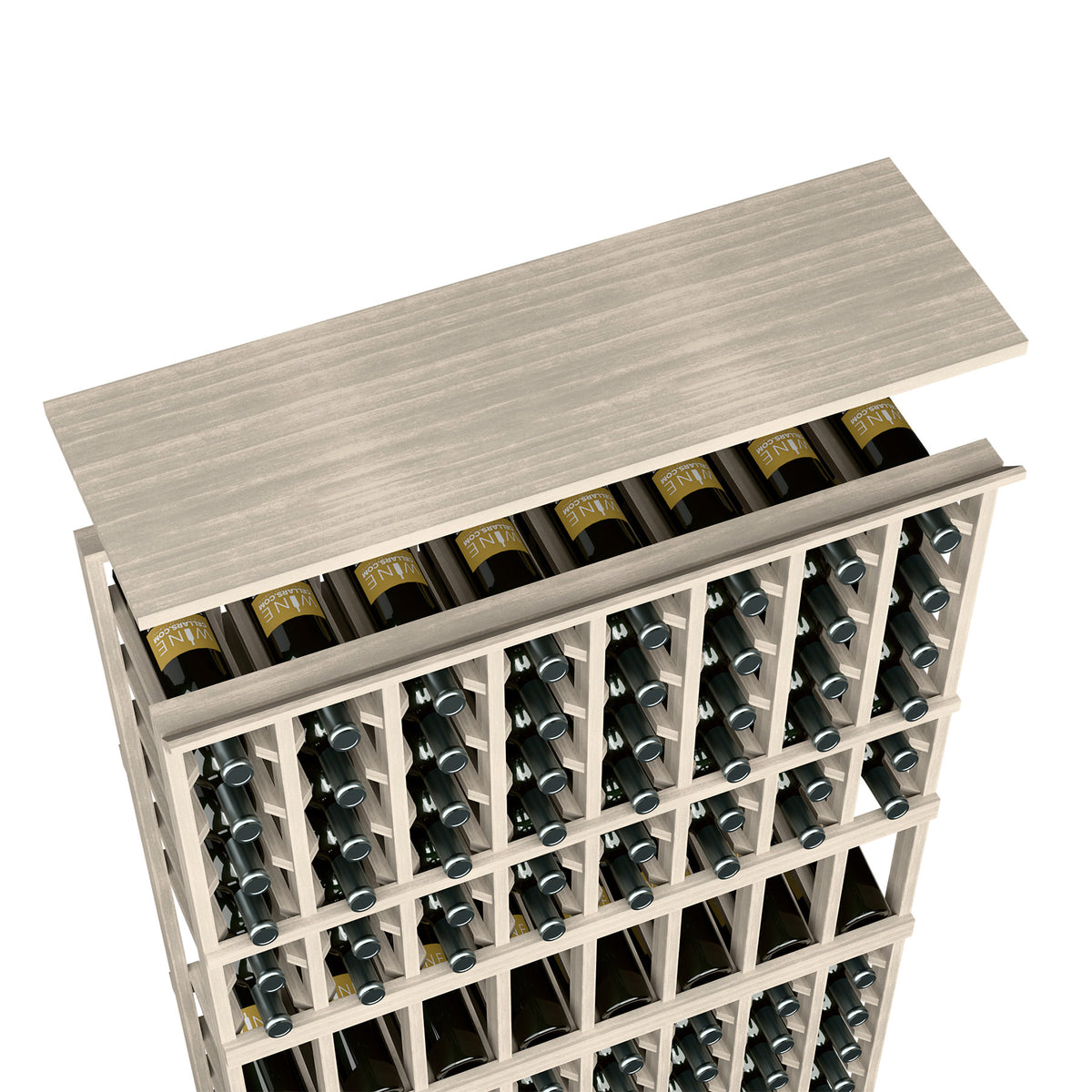 Wine rack top shelf in light gray with open slat frame for bottles