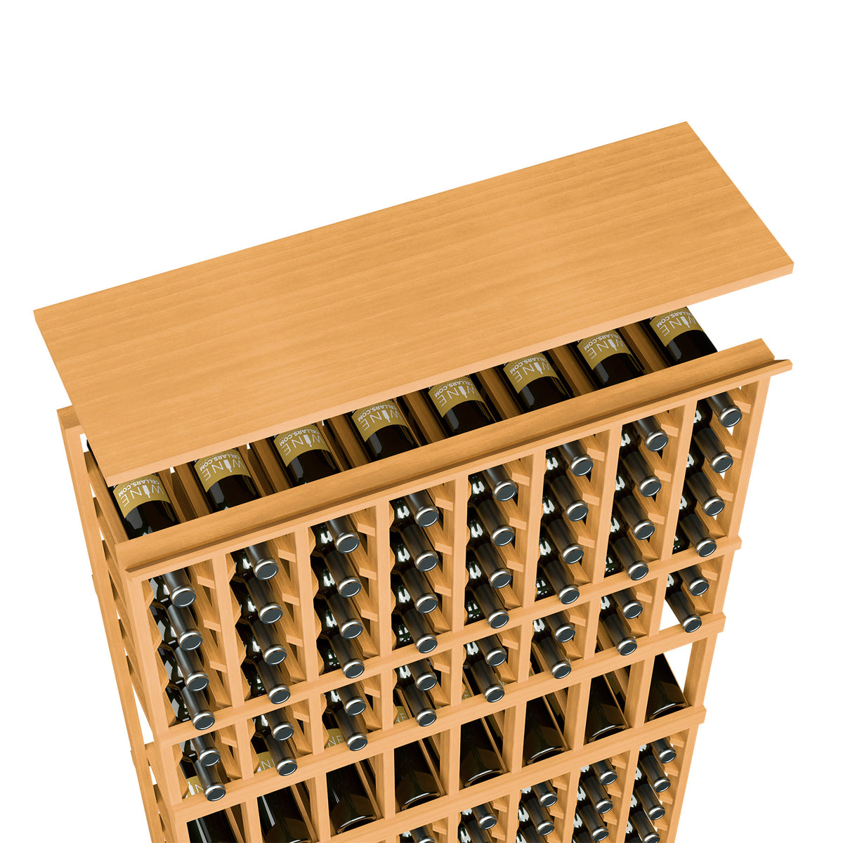 Wine rack top shelf in warm honey wood with bottle storage openings