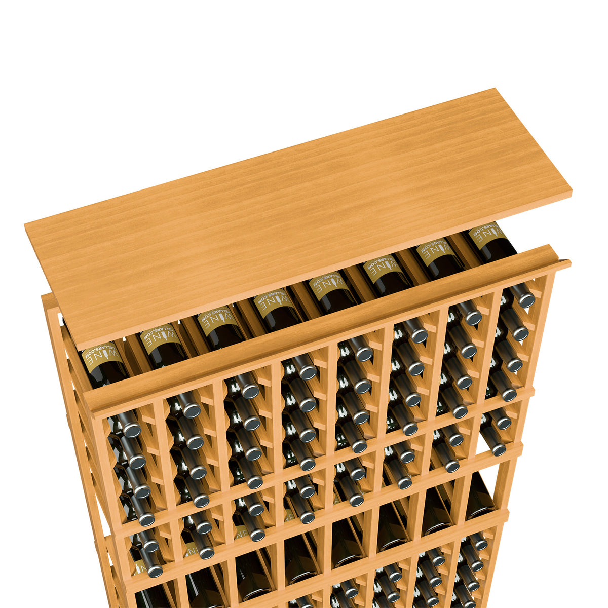 Wine rack top shelf in light honey wood with front bottle holder grid