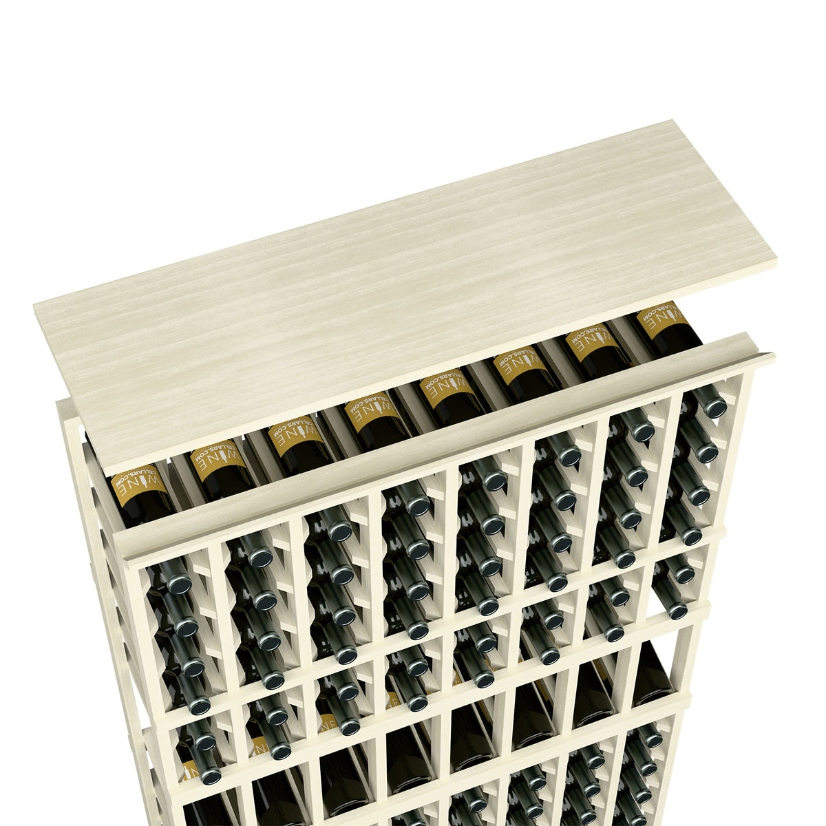 Wine rack top shelf in whitewashed light wood with bottle storage slots