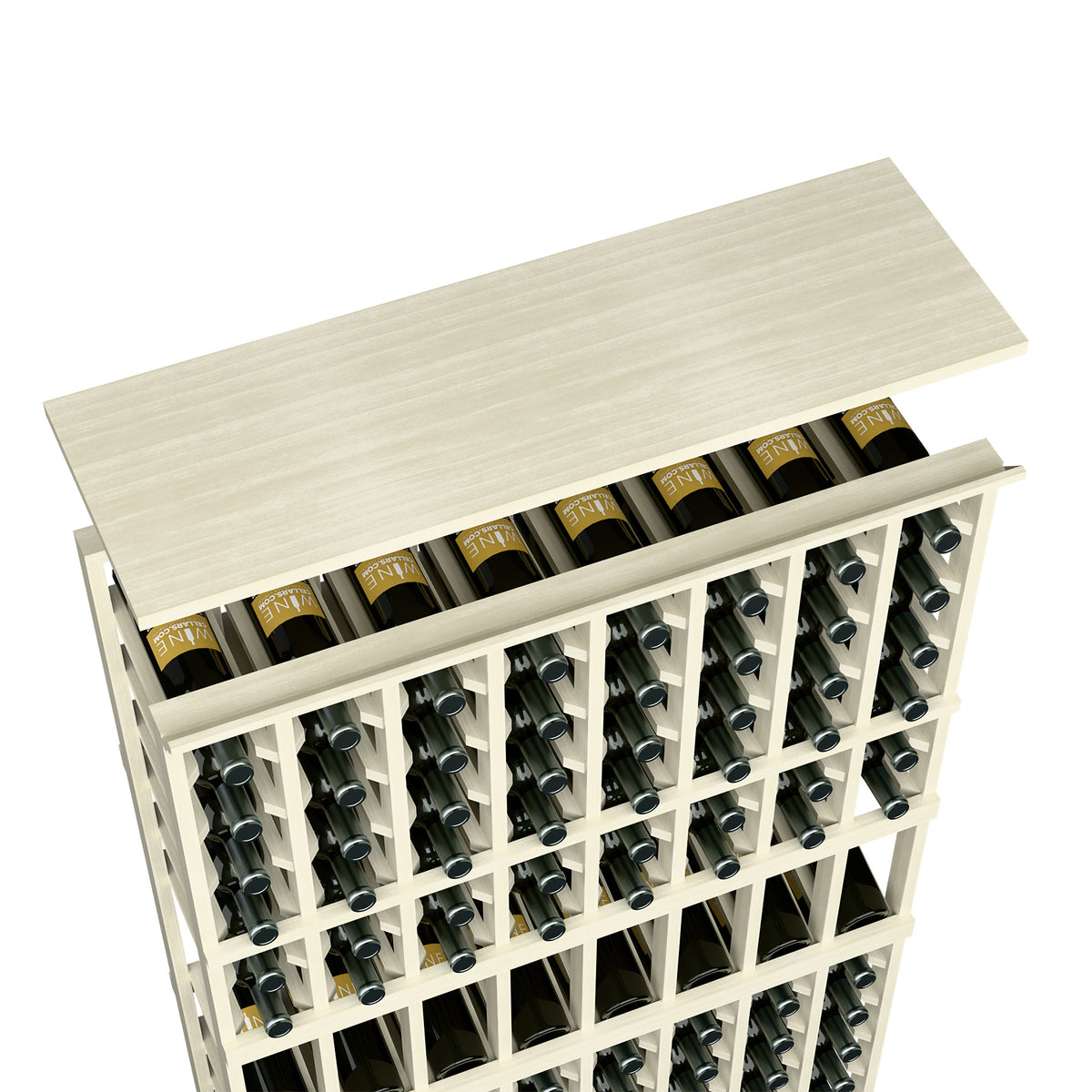 Wine rack top shelf in whitewashed wood with open bottle rack front