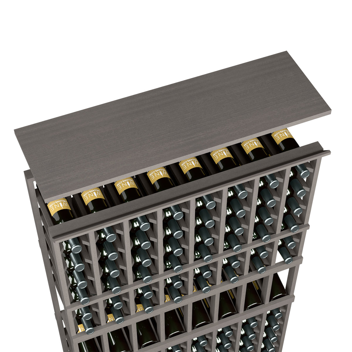 Dark gray wood top shelf for wine rack, with open bottle cubbies and metal frames