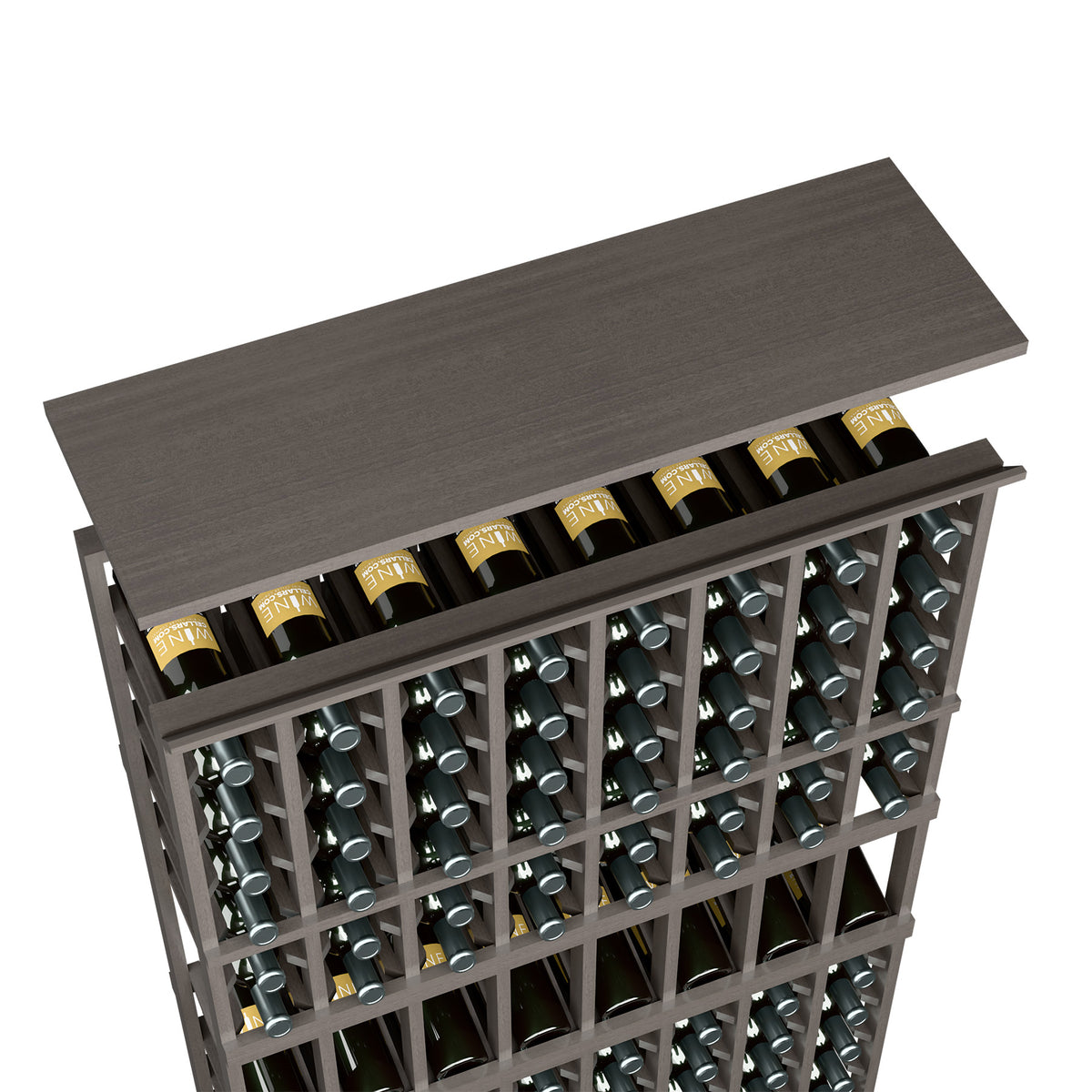 Dark gray wood top shelf for wine rack, showing bottle cubbies and bottle neck openings