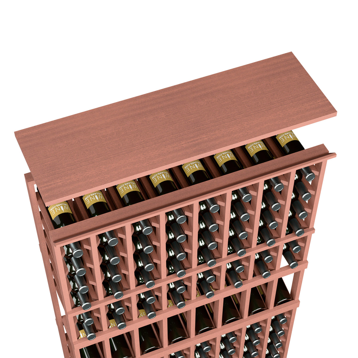 Red-brown wood top shelf for wine rack, with bottle cubbies and metal bottle holders