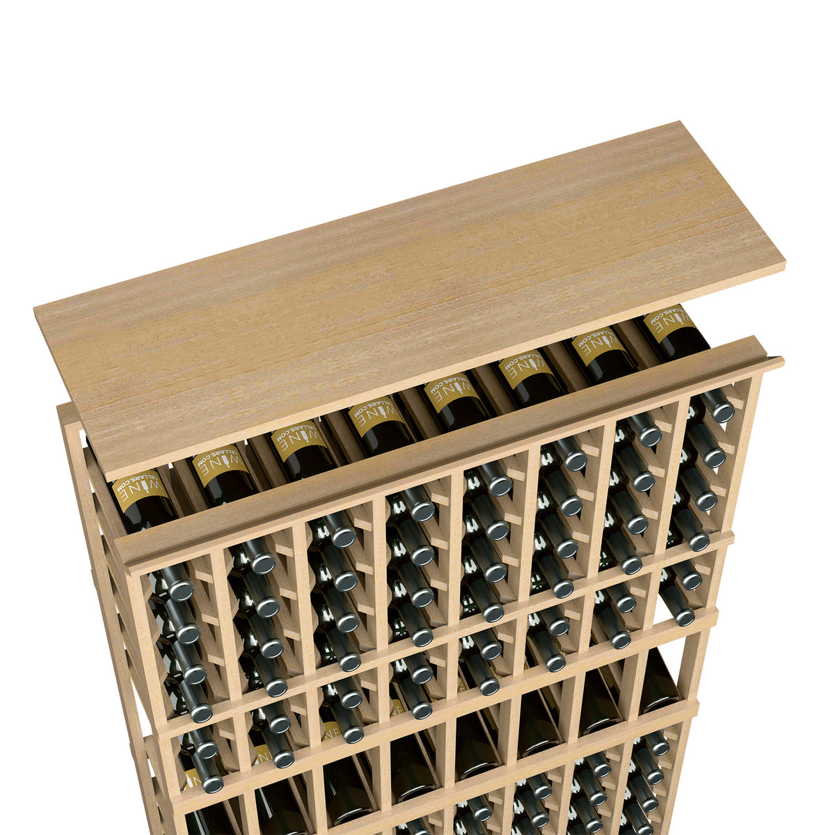 Light tan wood top shelf for wine rack, showing bottle cubbies with metal bottle holders