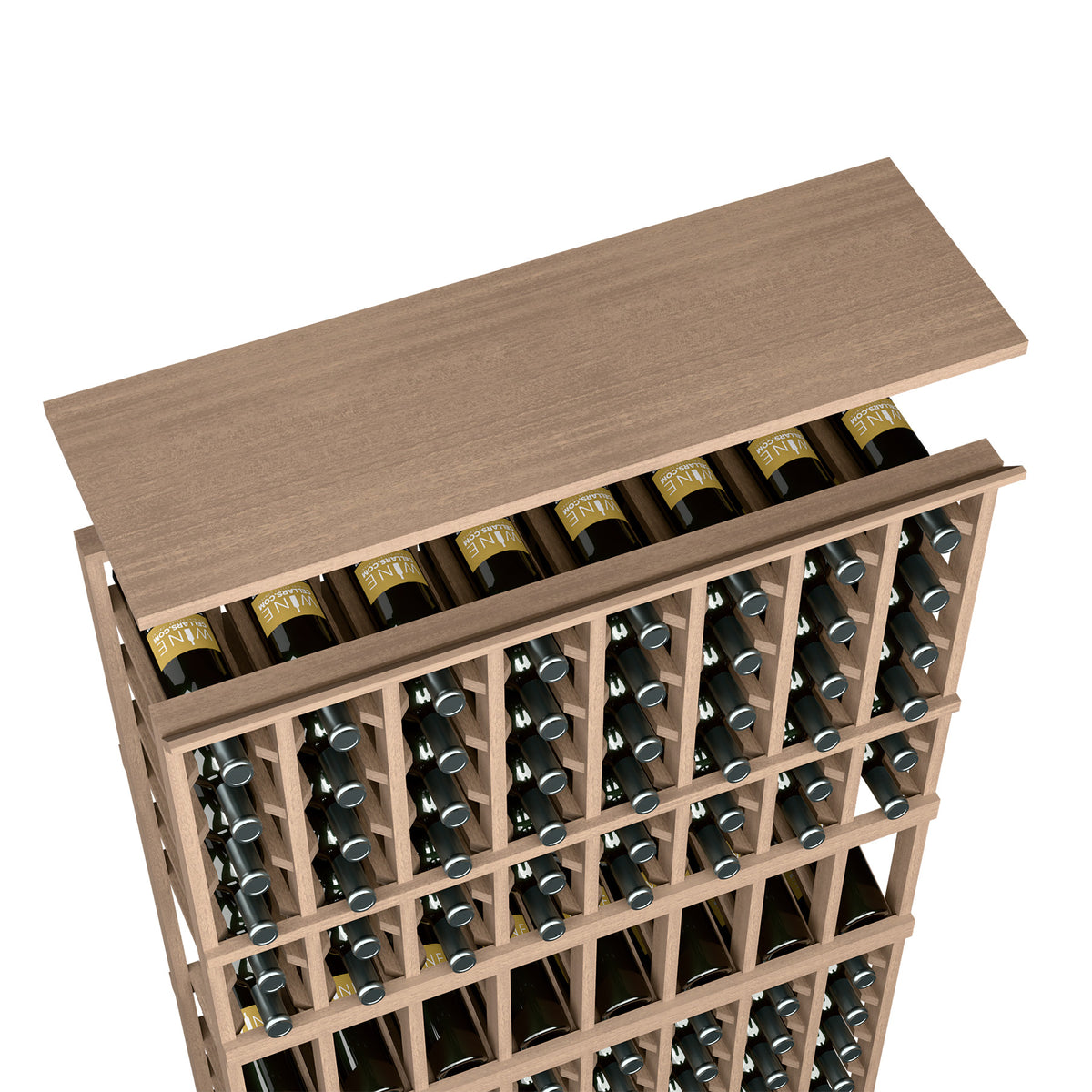 Medium brown wood top shelf for wine rack, with bottle cubbies and metal bottle frames