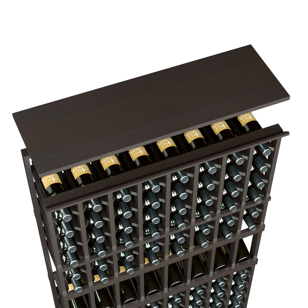 Dark charcoal wood top shelf for wine rack, showing bottle cubbies and metal support rails