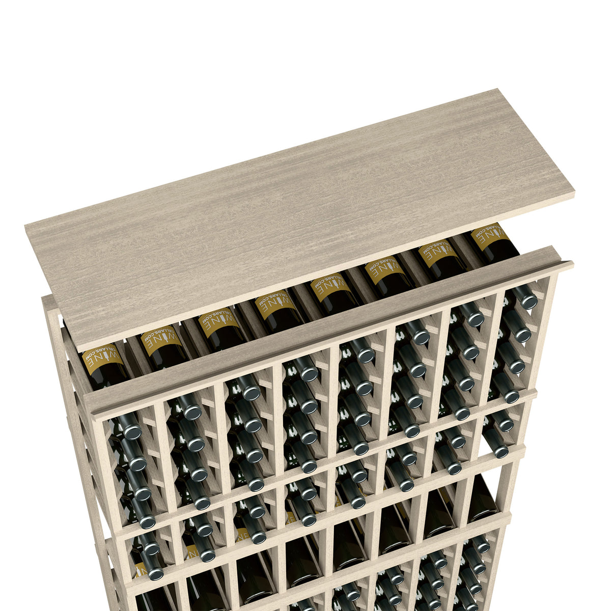 Gray wood top shelf for 8-column wine rack with bottle storage
