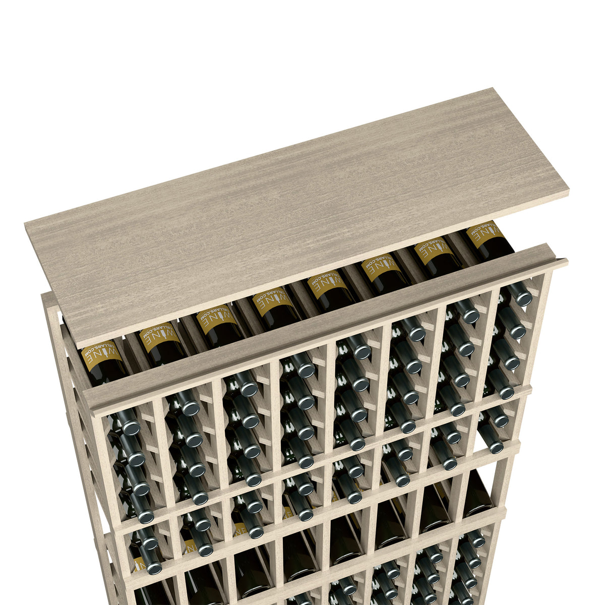 Light gray wood top shelf for wine rack with multiple bottle rows