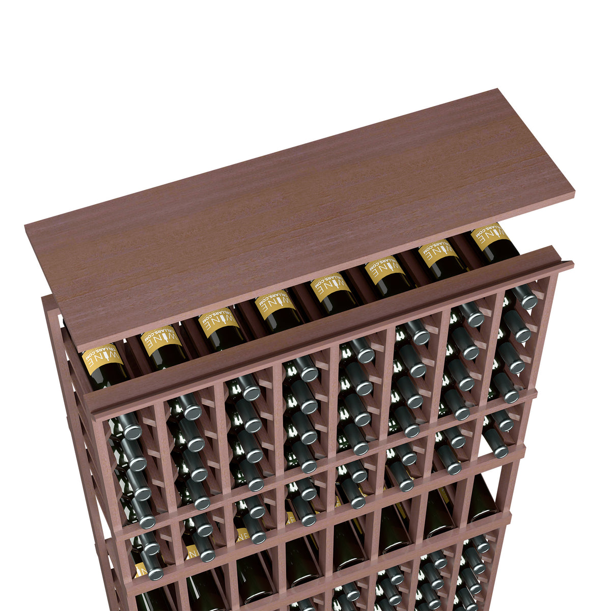 Rich dark wood top shelf for wine rack with rows of bottles